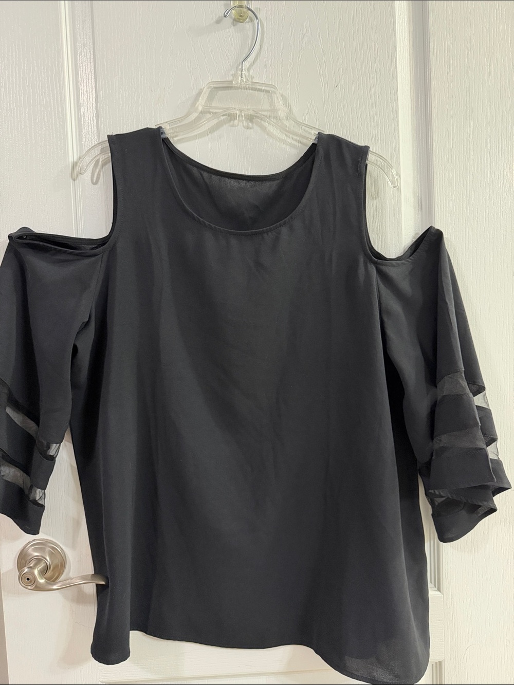 Black Cold-Shoulder Blouse with Sheer Sleeve Stripes
